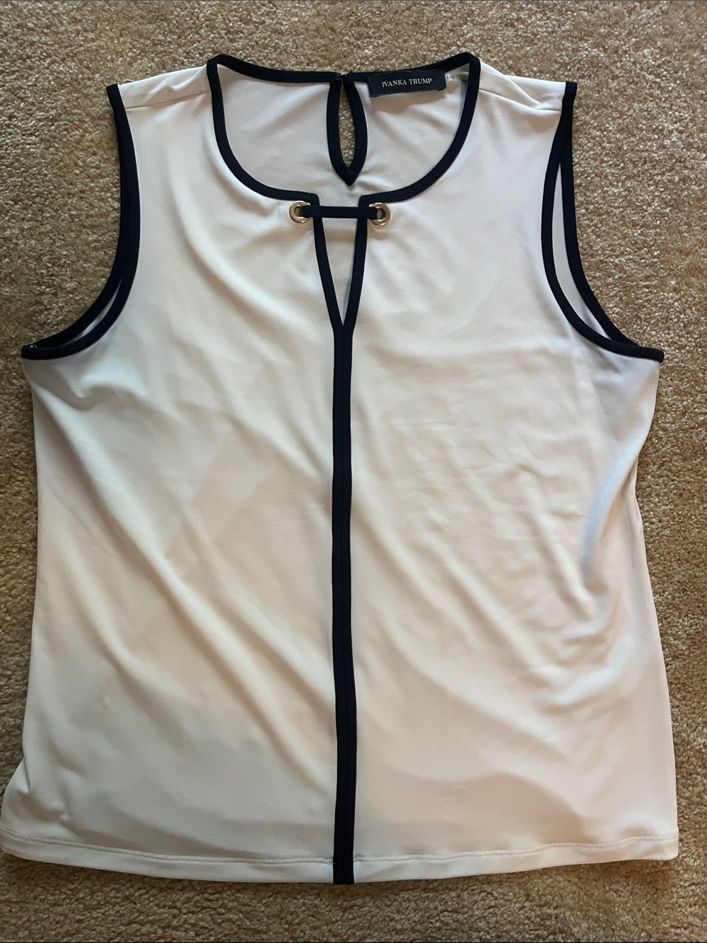 Ivanka Trump White Sleeveless Top with Black Trim and Gold Eyelets